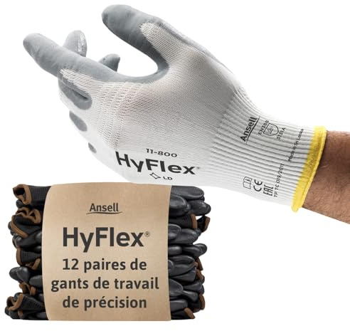 Ansell 11-800-11 HyFlex Foam Gloves, Size 11, White/Gray (Pack of 12)