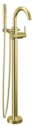 Delta Faucet Trinsic Floor Mount Tub Filler - Freestanding Roman Tub Spout with Handheld Shower - Flexible Shower Hose - Double Check Valves - Champagne Bronze, T4759-CZFL (Rough Sold Separately)