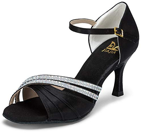 Jia Jia 20524 - Sandalias de baile latino de tacón, descubiertas, supersatinadas y con estrás para mujer, color negro, talla 35