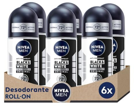 NIVEA MEN Black & White Invisible Original - Desodorante de Hombre Invisible Roll-on - 72h Protección Antitranspirante - Sin Alcohol - Anti Sudor, Olor, Manchas, Irritación y Residuos - Pack 6 x 50 ml