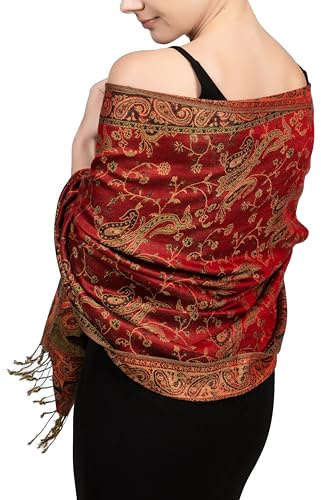 Achillea Écharpe réversible en pashmina cachemire, châles et étoles pour robes de soirée, foulards indiens exotiques pour toutes les saisons, Rouge, 28 W x 76 L