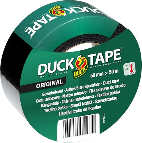 DUCK TAPE 106-04 original tygtejp – självhäftande tejp med vattentät yta – pansartejp extra stark för inomhus- och utomhusbruk – 50 mm x 50 m – svart