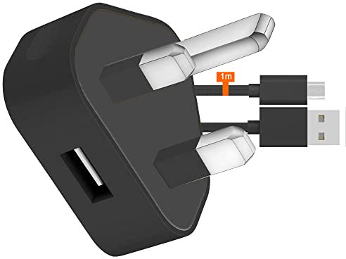 IWIO 3 Pin UK USB Mains Charger Adapter 1000 mAh / 1 AMPwith USB 2.0 Micro USB Sync and Charge Cable 1 Meter compatible with Amazon Fire HD 10 10.1 Inch - BLACK
