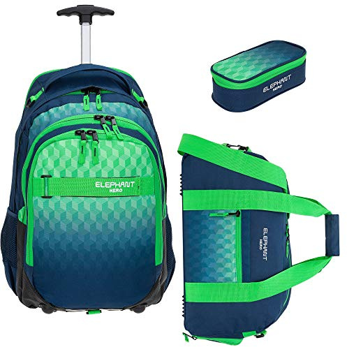 Elephant Schultrolley Rucksack Trolley 3tlg Set 12811 Green Blue Cube TSM | Hero Signature Mädchen Jungen Kinder Schule Schulrucksack mit Rollen Räder Trolly Sporttasche Mäppchen Trolleyrucksack