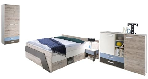 Lomadox Jugendzimmer Kinderzimmer Komplett Set, Sandeiche mit weiß Lava blau, 140 x 200 cm Jugendbett Kojenbett, Kleiderschrank, Nachttisch, Kommode