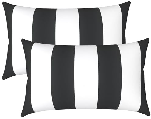 LVTXIII Outdoor/Indoor Lumbar Pillows, Decorative Patio Lumbar Cushions, Fluffy Water Repellent Garden Cushions for Home Patio Coach Sofa Use, 12×20 Inch, Pack of 2, Cabana Black