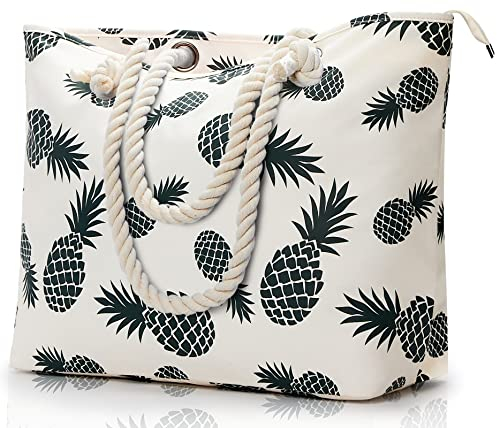 KALIDI Große Strandtasche mit Reißverschluss Wasserdicht Badetasche Strandtasche XXL Familie Beach Tote Bag mit Reißverschluss Große Shopper Damen Sporttasche Schultertasche, Ananas