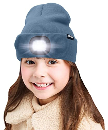 ATNKE Kids LED beleuchtete Mütze mit Licht, USB Wiederaufladbare 4 LED Scheinwerfer wasserdichte Winterwärmer Strick Nachthüte mit leichten Jungen Mädchen