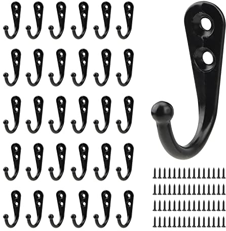 PINGEUI 30 Stück Haken zum Schrauben, Metall Kleiderhaken Garderobenhaken, Einzelhaken zum schrauben, Wandhaken Vintage, Mantelhaken Schwarz für Bad, Büro, Küche, Wohnzimmer