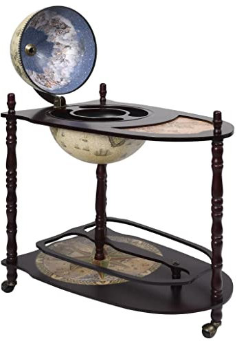 KOIECETA Eukalyptusholz Globusbar mit Tisch Bartisch Rollen Freistehend Weltkugel Minibar Hausbar Dekobar Tischbar Barwagen Deko (Grün und Braun)
