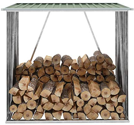 TANZEM Brennholzlager, Kaminholzregal Aussen, Holzstapelhilfe, Carport, Sichtschutz Garten, Kaminholzregale, Verzinkter Stahl 163 x 83 x 154 cm Grün