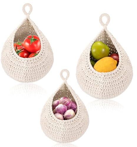 Cesto di Frutta da Appendere, Cipolla Intrecciato Forma di Goccia Bohémien Cestino per Frutta e Verdura Patate Aglio Cucina Porta Cesto Decorativo (Bianco)