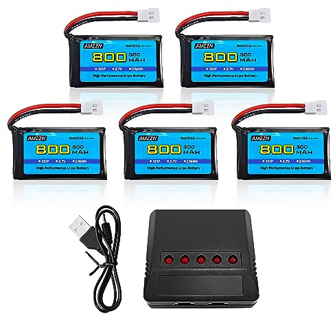 AMZZN 5 Stück 3,7V 800mAh 30C Molex Plug Lipo Akku mit Ladegerät 5-in-1 für ferngesteuerte Drohnen SYMA X5C X5SW H5C V931 U45W SS40, kompatibel mit den meisten Quadcoptern