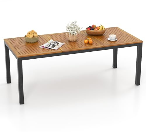 COSTWAY Tavolo da Pranzo a 8 Posti, Tavolo da Giardino 200 cm in Legno di Acacia, con Foro per Ombrellone da 5 cm, Gambe in Metallo, per Giardino, Cortile, Portata 75 kg (Modello 1)