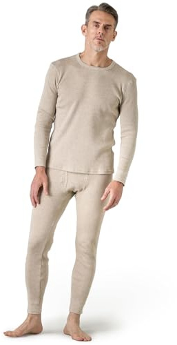 LAPASA Conjunto de Ropa Interior Térmica Punto de Gofre Peso Medio para Hombres Capa Base de Ropas Interior Largos Camisa y Pantalon M137 Extra Cálido Beis_L