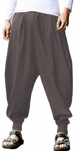 PACEIADTA Mens Casual Harem Pants Baggy Aladdin Hippie Elastic Waist Drop Crotch Trousers, Coffee-2, 3X-Large