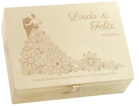 LAUBLUST Holzkiste zur Hochzeit - Personalisierte Hochzeitskiste Erinnerung - Blumenkleid | Geschenkkiste Personalisiert mit Gravur - FSC® (Natur mit Verschluss, ca. 40 x 30 x 14 cm | L)