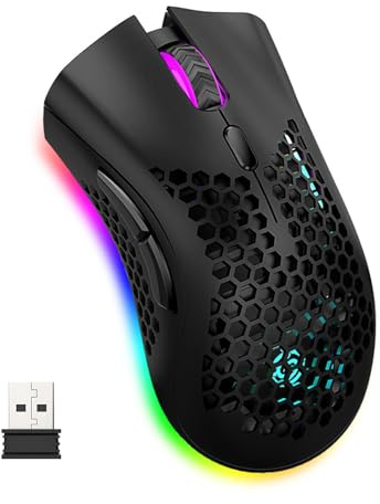 Lancoon Souris de jeu sans fil avec coque creuse en nid d'abeille, éclairage coloré, capteur optique rechargeable, 3 DPI réglables, clic silencieux, pour gamer, ordinateur, bureau (noir)