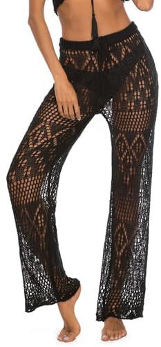 GIBZ Crochet Pantalon de Plage Transparent pour Femme Ajouré Cordon de Serrage Taille Haute Cover Up pour Maillot de Bain, Noir, M