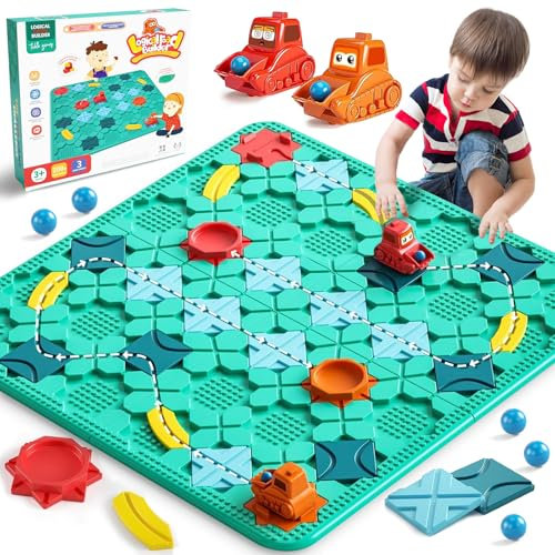 XUNIVERS Logischer Straßenbauer für Kinder,Familie Brettspiel,Logik Puzzle Labyrinth Brettspiele mit Auto Zurückziehen und Murmeln,Gehirn Spiele Kinderspielzeug Geschenk,Labyrinthkugel aus Marmor