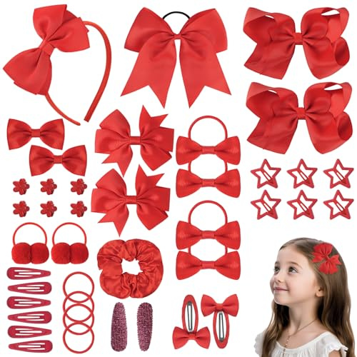 LOPHE Accesorios para el Cabello con Lazos, 77 Piezas Kit de Accesorios para el Cabello para Niñas del Pelo Clips, Accesorios para el Cabello para Niñas, Diadema, Cinta de Pelo Barrettes, Rojo