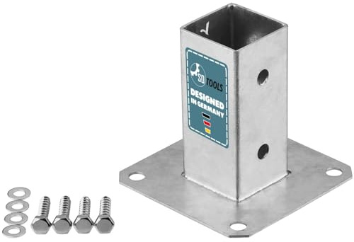 SOTOOLS Bodenhülse für 50 x 50 mm Vierkantpfosten feuerverzinkt Pfosten Bodenhülse Zaunträger Hülse Bodenplatte Pfostenträger aufschrauben Anker