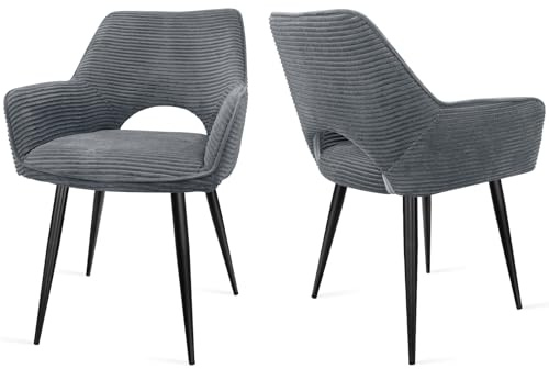 WAFTING Esszimmerstühle 2er Set, Armlehnstuhl mit Metallbeine, Grau | Cord Stoff, Hohe Rückenlehne,Samt Stuhl,Küchenstühle,Wohnzimmerstuhl,Polsterstuhl,Restaurant,Schlafzimmer,Konferenzraum,Hotel