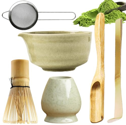 6 Stück Matcha Tee set, Matcha Besen Set, Matcha Set, Matcha-Rührer, Matcha Schneebesen, Matcha Schale aus Keramik, Matcha-Schale mit Ausguss, Matcha-Rührer-Ständer und Bambuslöffel (Grün)