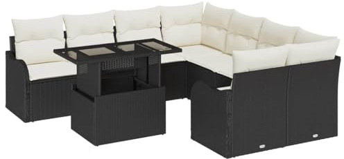 vidaXL Trädgårdsoffset med kudde 9 pcs Svart Poly rattan, Trädgård och terrass, modern rattan-soffa, vädertålig sittgrupp, modulär utomhuslounge, rektangulärt matbord