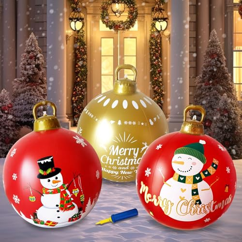 Paquete de 3 Bolas Navideñas Inflables de 60cm, Bolas Navideñas Inflables Grandes Decoraciones Navideña para Patio Exterior Jardín (Tipo 2)