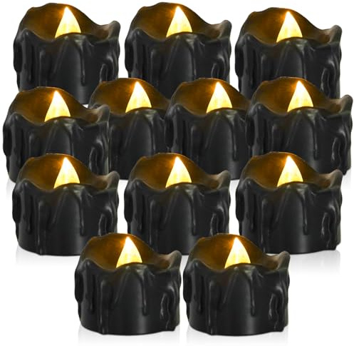 Behogan Velas de té LED negras: 12 velas sin llama a pilas con efecto lágrima, parpadeo amarillo cálido realista velas eléctricas para decoración del hogar de Halloween