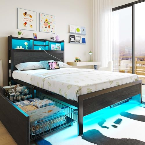 Rolanstar Twin Bed Frame with Storage Headboard & 4 Drawers, Metal Platform Bed with Charging Station, LED Single Bed with Side Shelf, No Box Spring Needed, Easy Assembly, Black