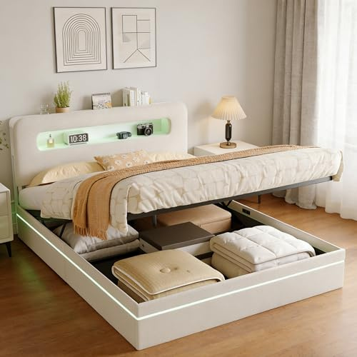 JYNVO Polsterbett 140x200 mit Stauraum, LED-Lichtern und Schaumstoff-Kopfteil, Hydraulischer Stauraumbett, Doppelbett, Bettgestell, Bett mit Lattenrost, Samt, beige, ohne Matratze