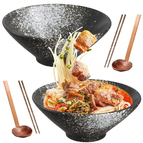 Ecofocet 2 Sets Ramenschüssel aus Keramik mit Essstäbchen und Löffeln, 2×1000ml Ramen Schüssel Keramik Set, Suppenschalen Rührschüsseln, Suppenschüssel für Nudeln Getreide Salate (Weiß)