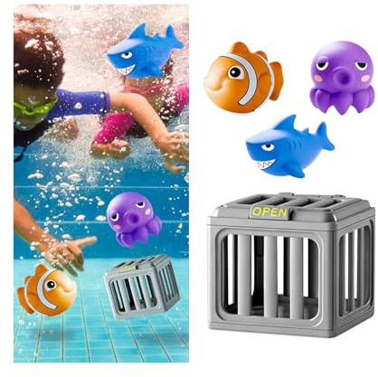 Pool Diving Cages Game Set with Animals Underwater Training Floating Sinking Cage Seek and Splash Pools Games Kit Sinkers Fun Summer Swimming Pool Party Gifts for Outdoor Beach Lake (3Animals+1Cage)