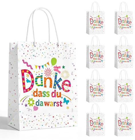 10 Stück Kleine Geschenktüten Kindergeburtstag - Danke dass du da warst, Papiertüten mit Henkel, Bunte Tüten Kindergeburtstag, Ideale Mitgebsel für Party gäste Jungen und Mädchen