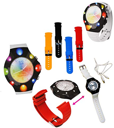 alles-meine.de GmbH 4 Paar - Bunte Silikon Armbänder - passend für Disco Watch - ROT - GELB - SCHWARZ - BLAU - 2 cm breit - Armbanduhr mit LED - Licht - Uhr für Erwachsene & Kind..