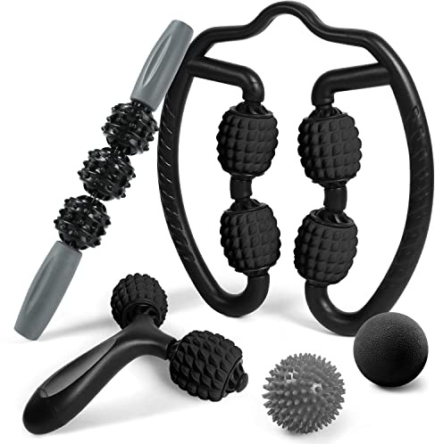 Odoland Massage Set - 360 Trigger Point, Muscle Roller Stick, Y Shaped Handheld, 2 Massage Balls for Legs, Arms - Myofascial & Deep Tissue Pain Relief - Black