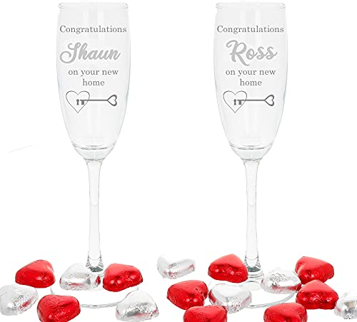 Always Looking Good Personalised Engraved New Home Champagne Glass Set of Two Glasses New House Gift Housewarming Present Double Glass Set (2 x Glass Set Filled with Chocolate Hearts)