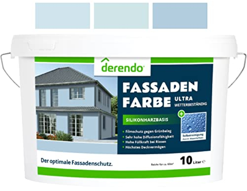 derendo Silikonharz Fassadenfarbe Blau ULTRA Wetterschutz Taubenblau 10 l aussen Fassade Silikonharzfarbe mit Abperleffekt Lotus Blatt Fassadenschutz Schmutzabweisende Silikonharzbeschichtung