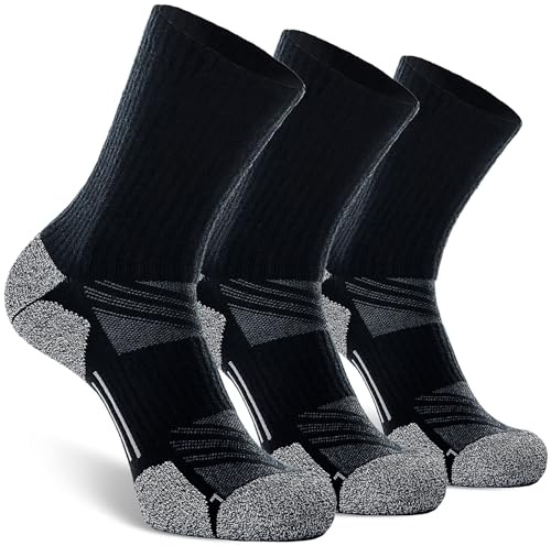 CWVLC Hiking Crew Socks, 3-Pack Men Women Boot Socks for Walking, Hunting, Camping, Winter Outdoor Work, Cosy Cushion, Moisture Wicking, Arch Compression, Anti Blister, X-Large, Black