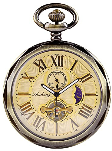 Tiong Antique Copper London Pocket & fob Watches Mechanical Watch Hand Wind Mens Pocket with Chain Xmas Gift Box