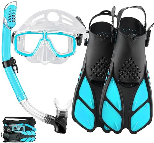 HH HHAO SPORT Schnorchelset Erwachsene mit Flossen,Schnorchelausrüstung in Reisegröße mit Kurzen Verstellbaren Schwimmflossen, Hochwertige Tauchermaske und Dry Top Schnorchel, mit Tragetasche