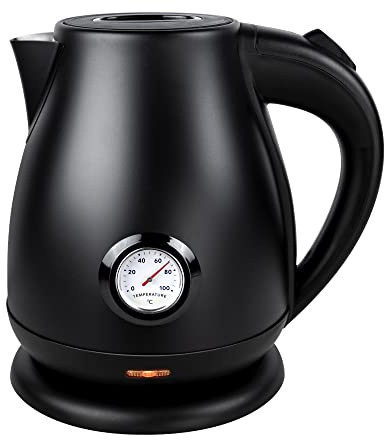 Impolio Retro Edelstahl Wasserkocher 1,7 L, Teekocher Retro Vintage, Wasserkessel Matt Schwarz, Kettle, TÜV Rheinland GS Zertifiziert, Wasserkocher mit Temperatureinstellung + Wasserstandanzeige