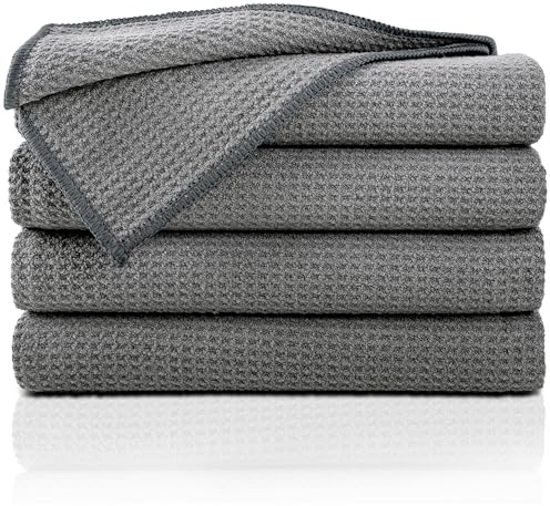 Gräfenstayn 4er-Set Geschirrtücher Microfaser - saugstarke & fusselfreie Waffelstruktur - 45x65 cm Küchenhandtücher - Oeko TEX Standard 100 - Mikrofaser-Tücher, Geschirrhandtücher (Anthrazit)