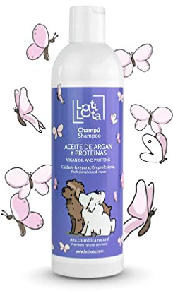 LOTI LOTA Champú Perros con Proteínas de Seda y Aceite de Argán 500 ml - Revitaliza el Pelaje - pH Adaptado - Apto Uso frecuente - Especial Perro de Agua - Bichón Maltés