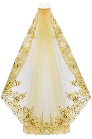 YJZQ Brautschleier Schleier mit Kamm Tüll kurze Brautschleier Spitzenborte Hochzeit Schleier Pailletten Schleier für JGA Junggesellinnenabschied Hochzeit Fotoshooting Cosplay Bühnenrequisiten (gelb)
