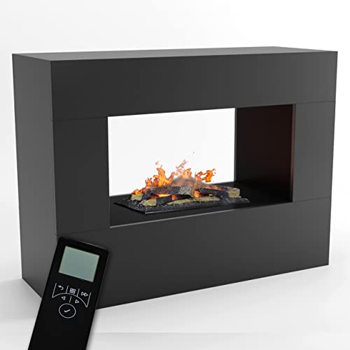 GLOW FIRE Wasserdampf Kamin KONSALIK (Standkamin) - Elektrokamin mit realistischen LED 3D-Flammen, Knistereffekt & Fernbedienung, 120x90x45 cm - Opti-Myst 600 Elektro Kamin mit Holz-Deko, Grau