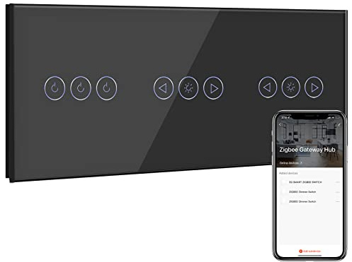 BSEED Smart ZigBee Single Live Lichtschalter 3 Fach mit Doppel ZigBee Dimmer Schalter,ZigBee Schalter,Wandschalter Lichtschalter Unterputz Glas arbeitet Smart Life/Tuya,Alexa Schwarz(Hub erforderlich)