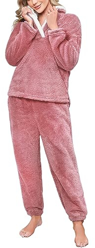 TOMEEK Set Pigiama Invernale da Donna Set da Pigiama a Maniche Lunghe in Pile da Salotto Morbido Caldo per la Casa con Felpa e Pantaloni